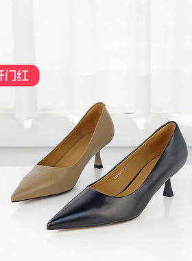 清仓II可媚正品春款尖头胎牛皮简约细中跟一脚蹬单鞋女KA24651-09