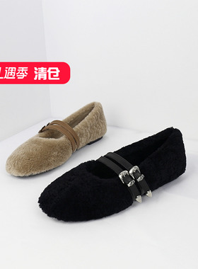 特价II可媚正品冬款圆头羊羔毛平底皮带扣玛丽珍鞋女KC24943-366