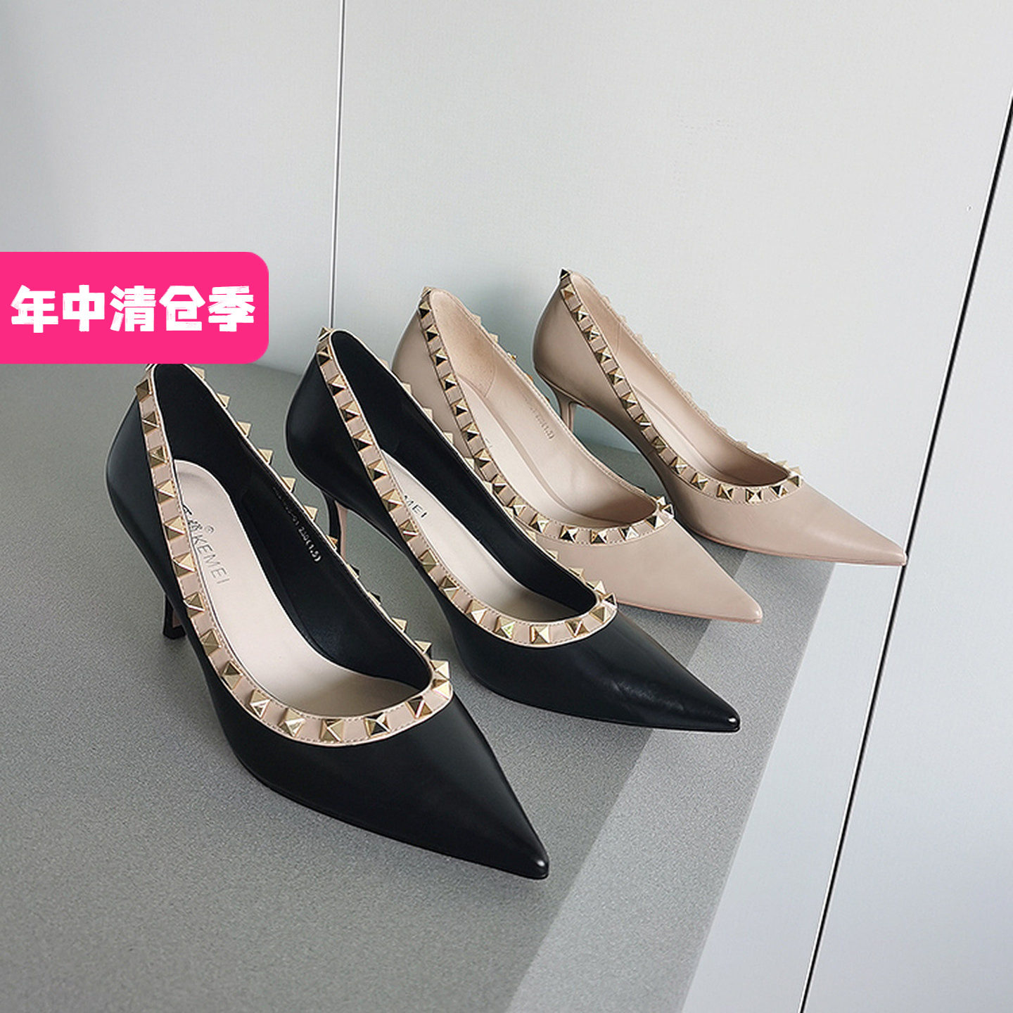 鞋女细高跟可媚头胎正品铆钉清仓