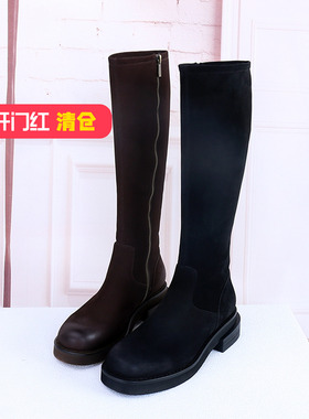清仓‖可媚冬款圆头胎牛绒防水台侧拉链高筒靴机车靴女KC22945-80