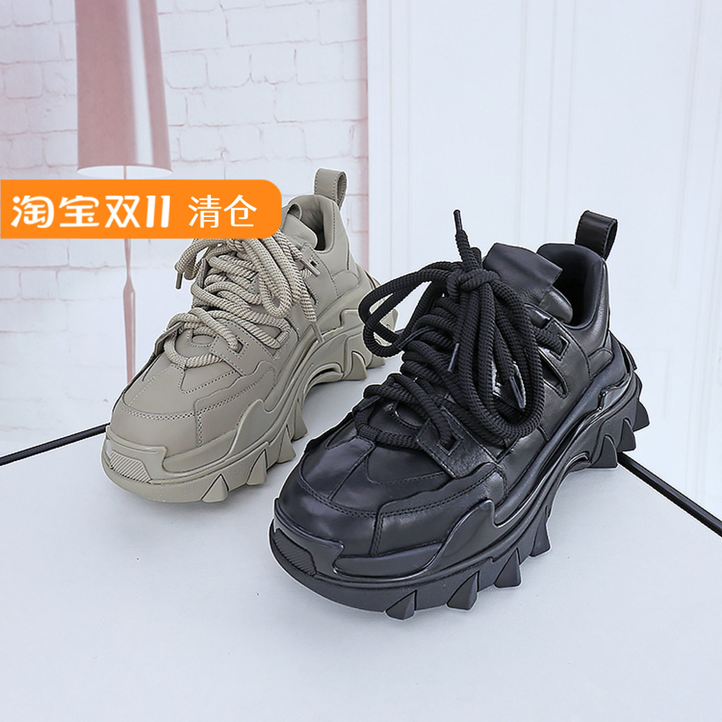清仓II可媚正品秋款圆头牛皮系带厚底鞋松糕跟老爹鞋KC23841-218