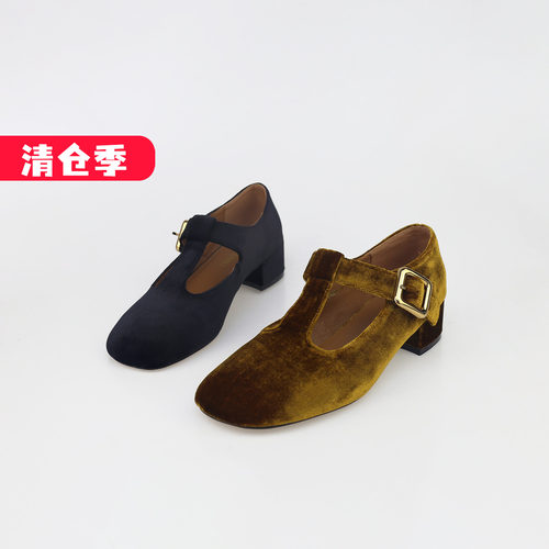 可媚丝绒丁字式扣带粗高玛丽珍鞋