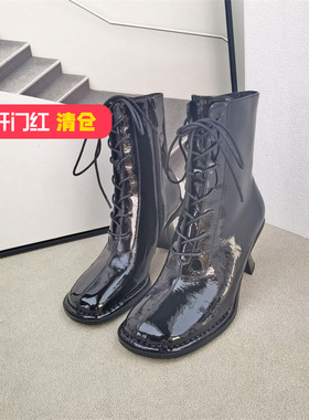 清仓‖可媚正品冬款方头牛漆皮异形高跟系带防水台短靴KC22905-65