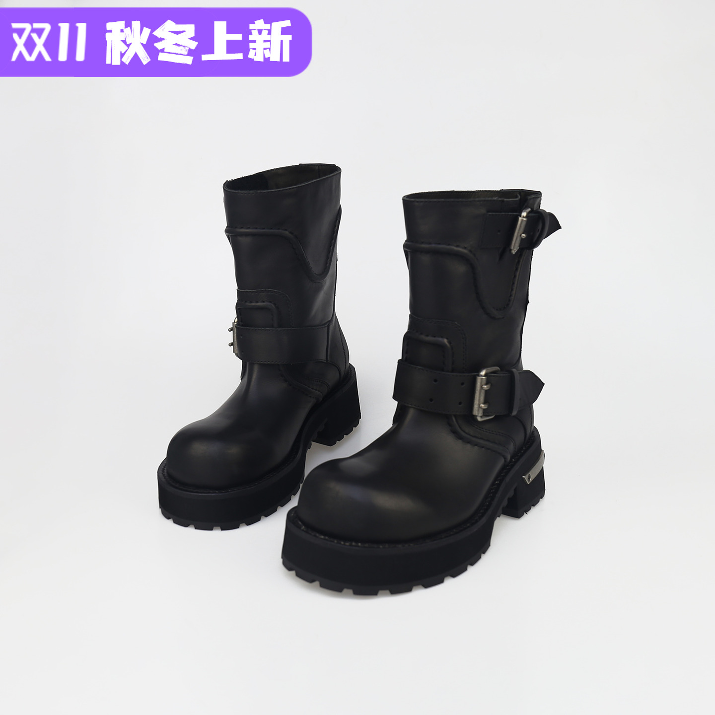 可媚圆头牛皮皮带扣松糕底马丁靴