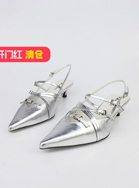 可媚2025新春款尖头银色金属胎牛皮一字式细中跟单鞋女KA25253-80
