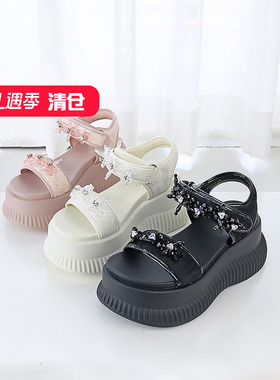 特价II可媚夏款布面闪钻松糕底魔术贴绊带露趾凉鞋女KB24324-288