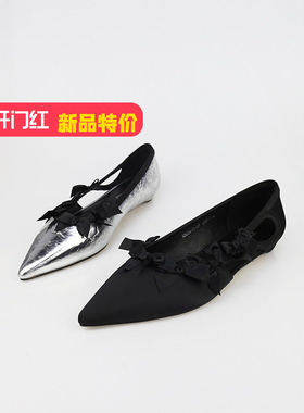可媚2025新夏款尖头银色手抓纹金属牛皮黑色真丝布单鞋KB25613-07