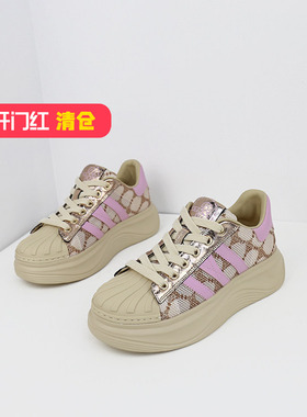 可媚2025新春款圆头牛皮网面拼色松糕底系带休闲鞋女KA25340-183