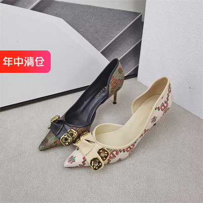 可媚布面羊皮细高跟单鞋女