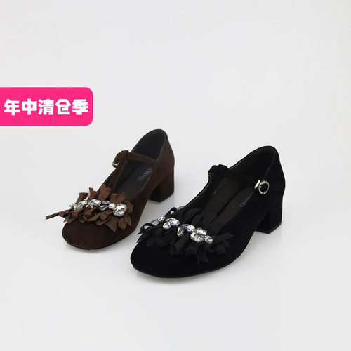 可媚圆头羊猄皮碎花粗跟玛丽珍鞋