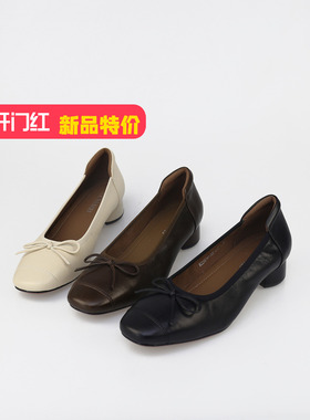 可媚2025早秋新款浅口小方头油蜡羊皮蝴蝶结粗跟单鞋KC25814-366