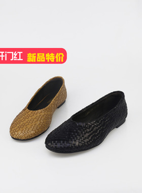 可媚正品2025新秋款圆头编织牛皮平跟一脚蹬真皮单鞋KC25815-318
