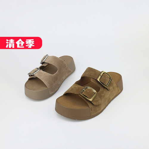 可媚松糕底牛猄皮扣带勃肯一字拖