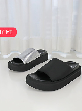 清仓II可媚正品夏款黑色莱卡布厚底拖银色胎牛皮拖鞋女KB24384-80