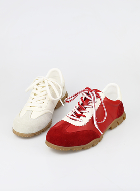 可媚2026新春款牛猄皮拼接牛皮休闲鞋系带拼色德训鞋KA26295-187