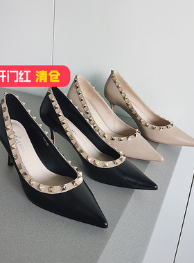 清仓‖可媚正品秋季款尖头胎牛皮性感细高跟铆钉单鞋女KC21605-01