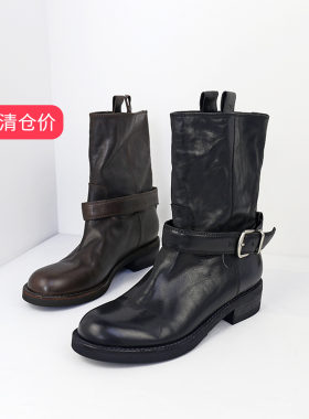 可媚圆头牛皮皮带扣防水台低筒靴