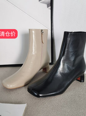 方根中跟油蜡冬款可媚短靴方头
