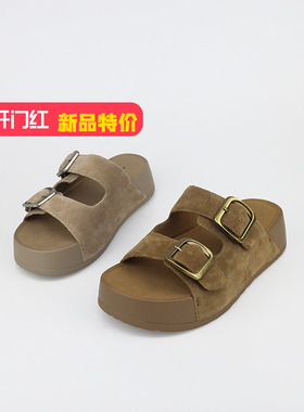 可媚2025新夏款牛猄皮金属扣带松糕底勃肯一字拖鞋女KB25675-187