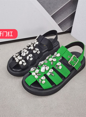 清仓‖可媚正品夏款包头织物布面松糕底拼色闪钻凉鞋女KB22823-80