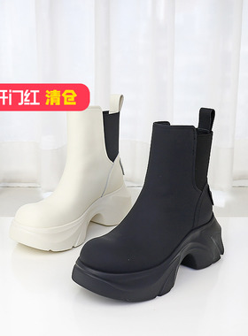 特价II可媚冬款圆头丝绸牛皮拼色松紧靴厚底真皮烟筒靴KC24867-19