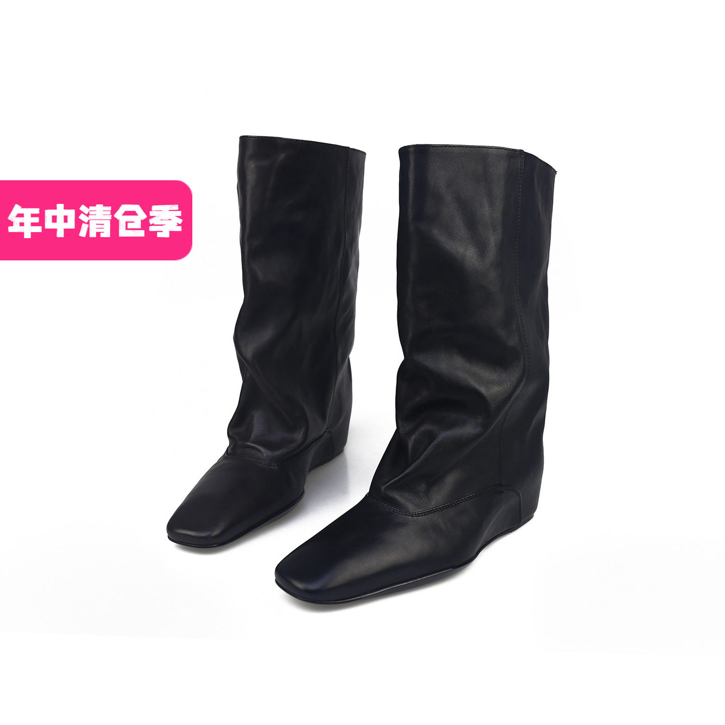 特价II可媚秋冬款小方头小牛皮坡跟套筒时装低筒靴女KC25960-209