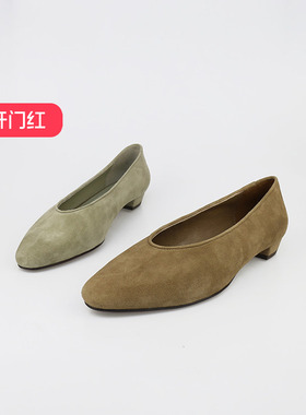 特价II可媚正品春款羊猄皮简约粗低跟复古浅口单鞋女KA25368-286