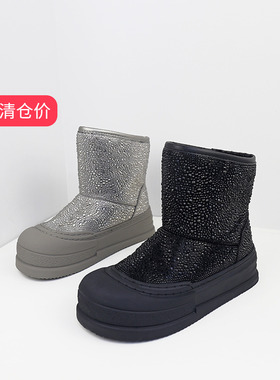 清仓II可媚冬款布纹羊皮烫钻厚底短靴毛绒里雪地靴女KC24949-157
