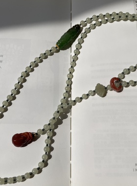 和田白玉山流水108珠项链和田碧玉勒子南红玛瑙貔貅跑环项链