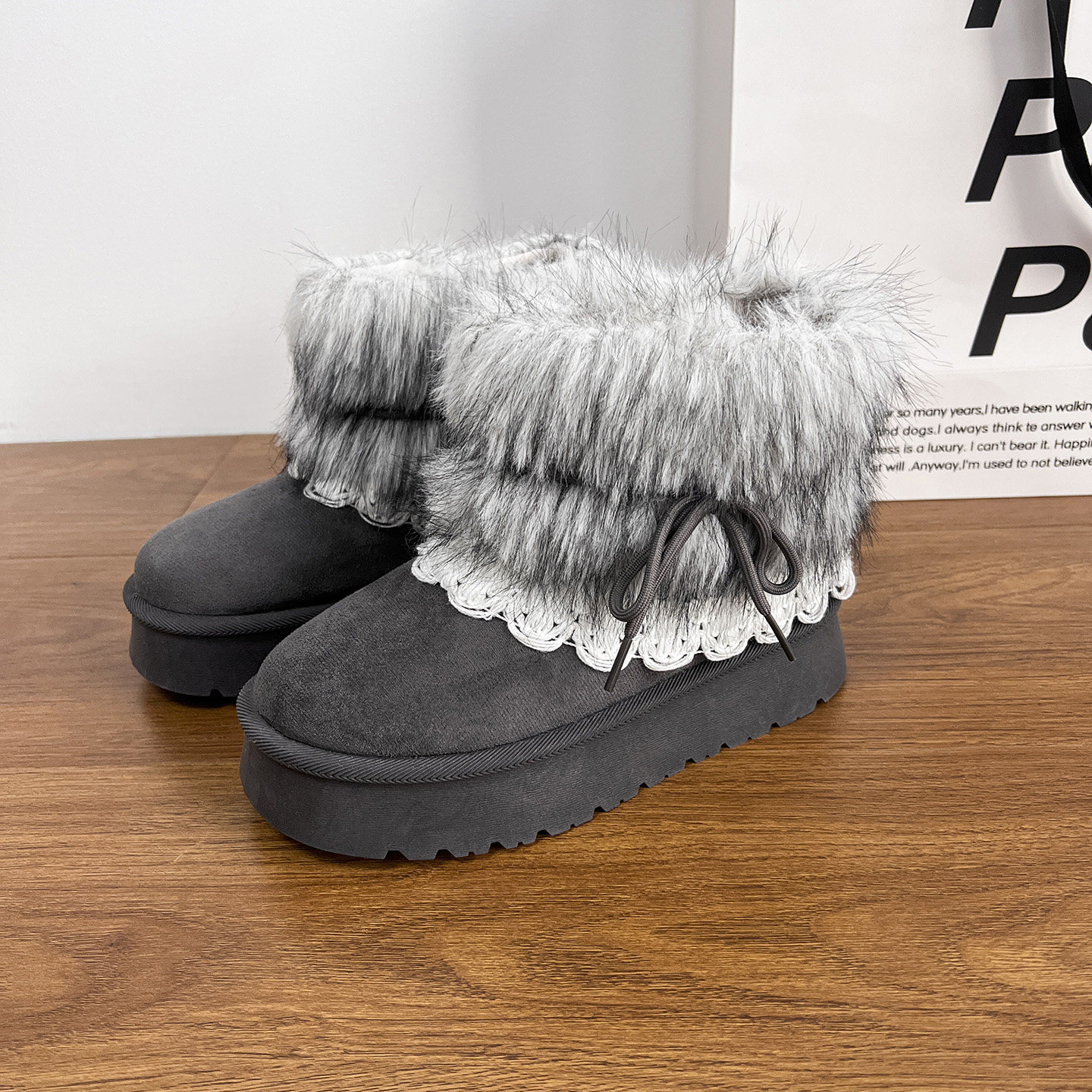 卷毛高灰色厚底毛毛雪地靴女2026新款冬增高加绒加厚保暖棉鞋短靴