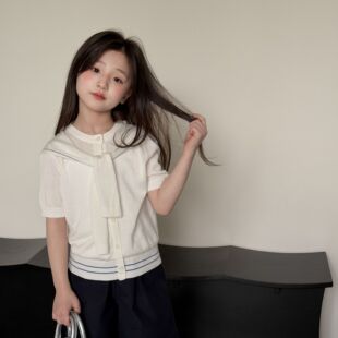 嗒囜 女儿童夏季莱赛尔针织衫海军风披肩假两件透气休闲短袖上衣