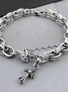 复古银十字架合金手链嘻哈小众设计复古色做旧泰银个性骰子吊坠链