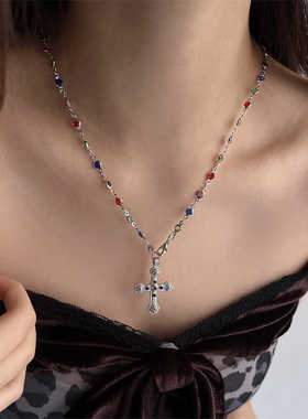 欧美复古ins风彩色锆石十字架吊坠项链女小众甜酷个性设计感配饰