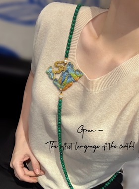 新中式复古感民族风刺绣千里江山流苏长款斜挎链项链毛衣链高级女