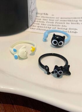 小红书同款搞怪黑色小猫咪小黑开口戒小众可爱学生百搭情侣戒指