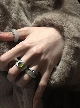 「温润如玉」椭圆蛋面肌理感纹路戒指仿和田玉鸽子蛋素圈百搭指环