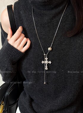 钛钢不掉色圆形十字架吊坠项链复古美拉德毛衣链时尚百搭饰品女高