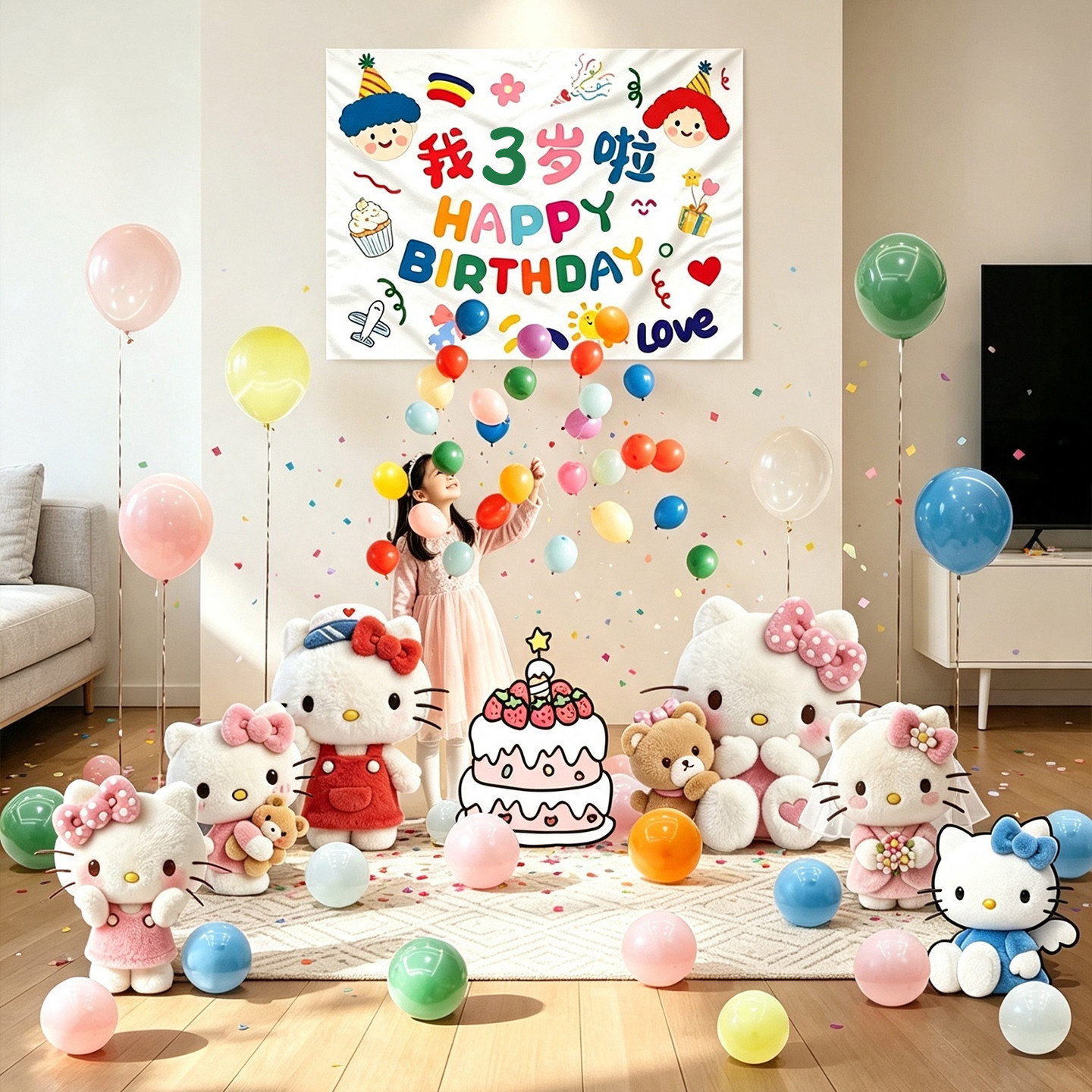 凯蒂猫生日气球雨挂布