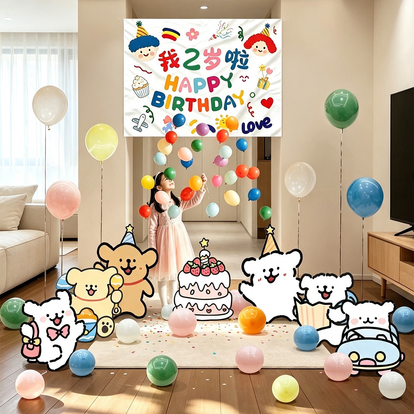 2周岁生日小狗KT板气球雨挂布