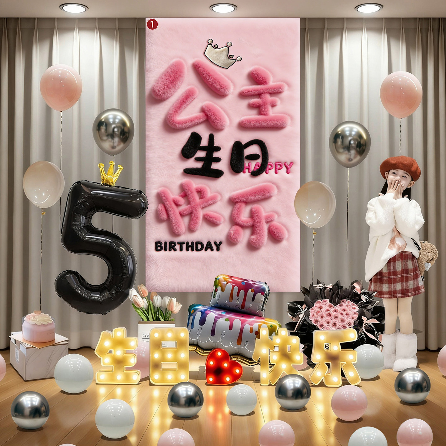 小女孩10岁生日布置背景墙气球