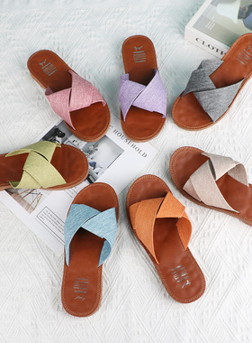 Cross over slippers for women wearing flat bottomed flat one