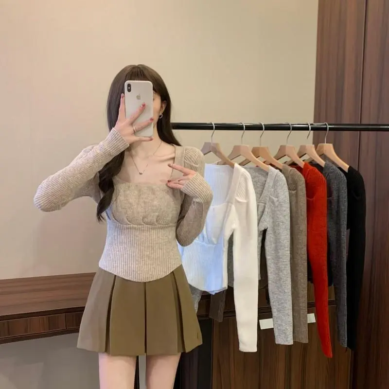 秋冬方领温柔风外穿内搭修身显瘦针织衫女短款百搭保暖打底衫上衣