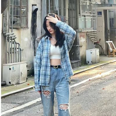 美式覆古蓝色薄款格子衬