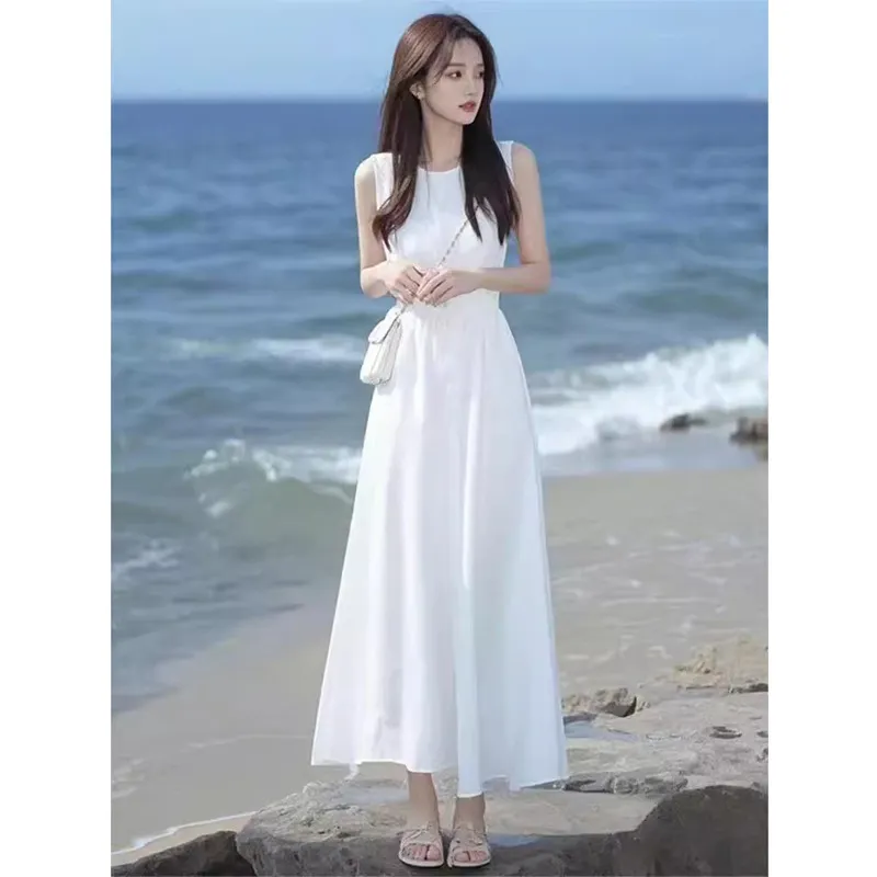 法式白色无袖连衣裙女2025夏季新款小个子高级感收腰显瘦背心裙子