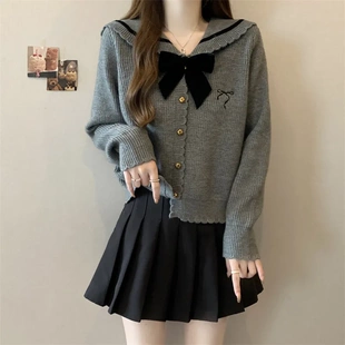 大码学院风针织开衫外套女秋季海军领软糯毛衣胖MM显瘦蝴蝶结上衣