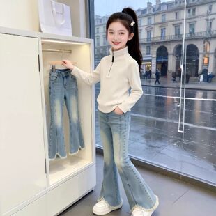 春秋春装 牛仔裤 时髦百搭微款 子女童洋气喇裤 裤 儿童2026女大童新款