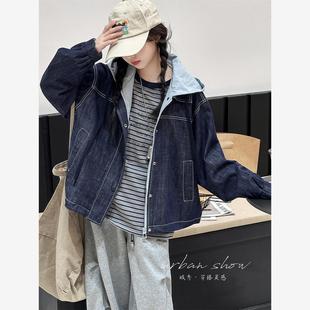 韩版 女孩秋季 宽松休闲上衣 连帽拼接百搭牛仔外套2025新款 女童秋款