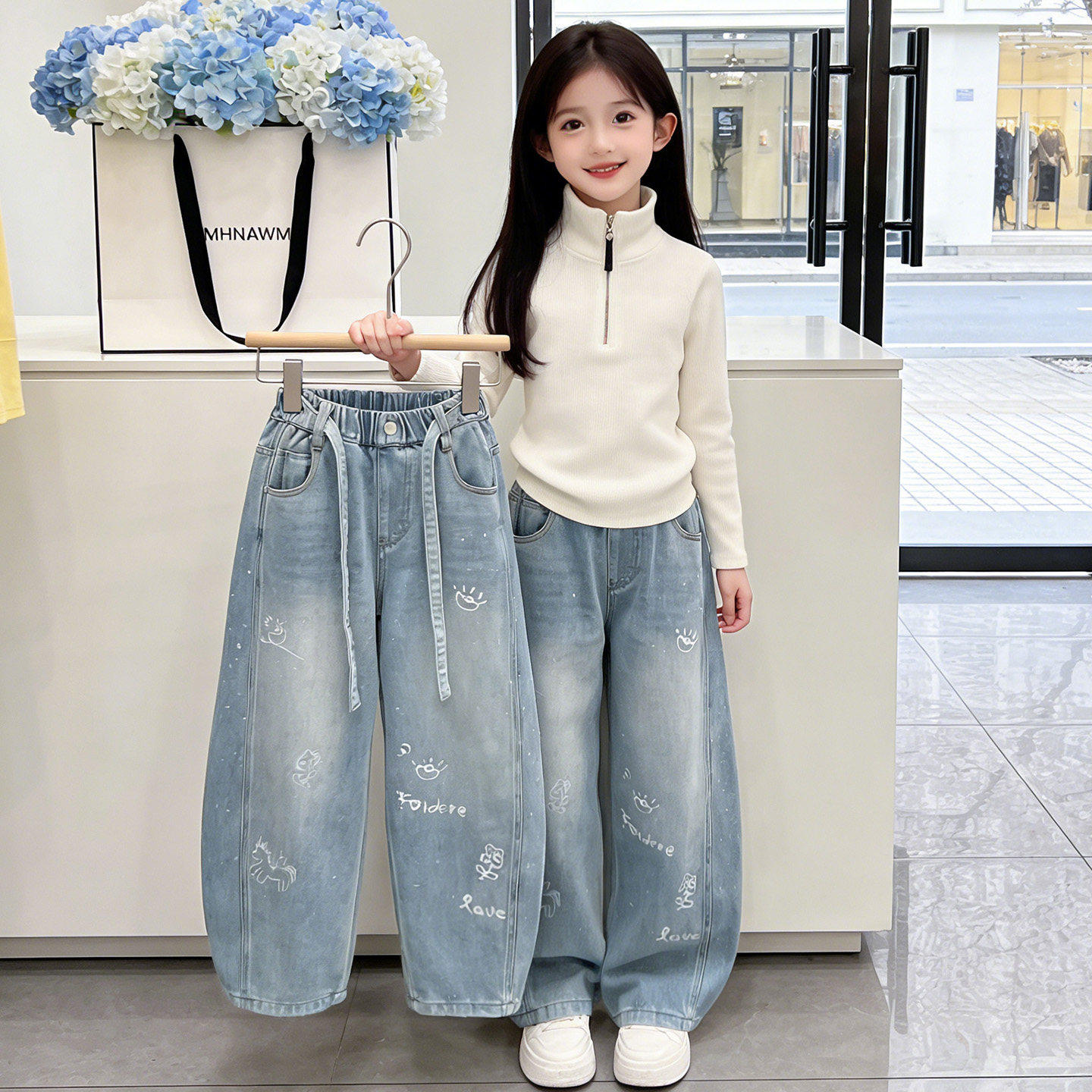 直筒2026超春秋儿童女童裤子牛仔裤潮好看大童阔腿新款长裤初中生