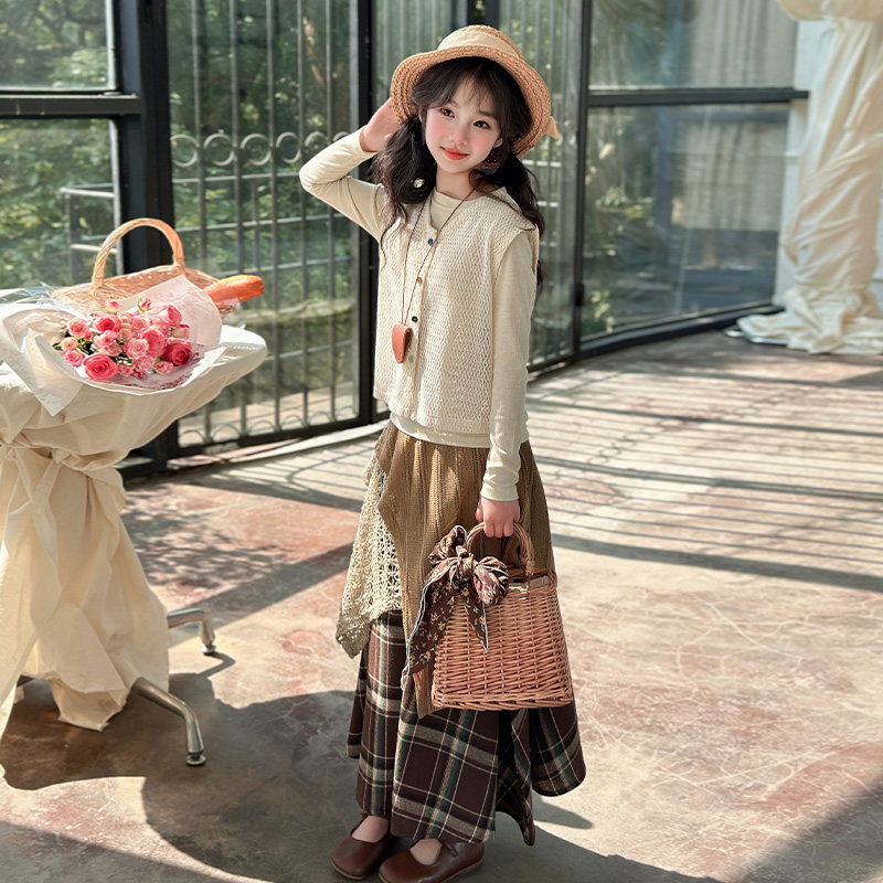 女童裙子春装2025新款儿童设计感马甲打底衫半身裙套装春季小女孩