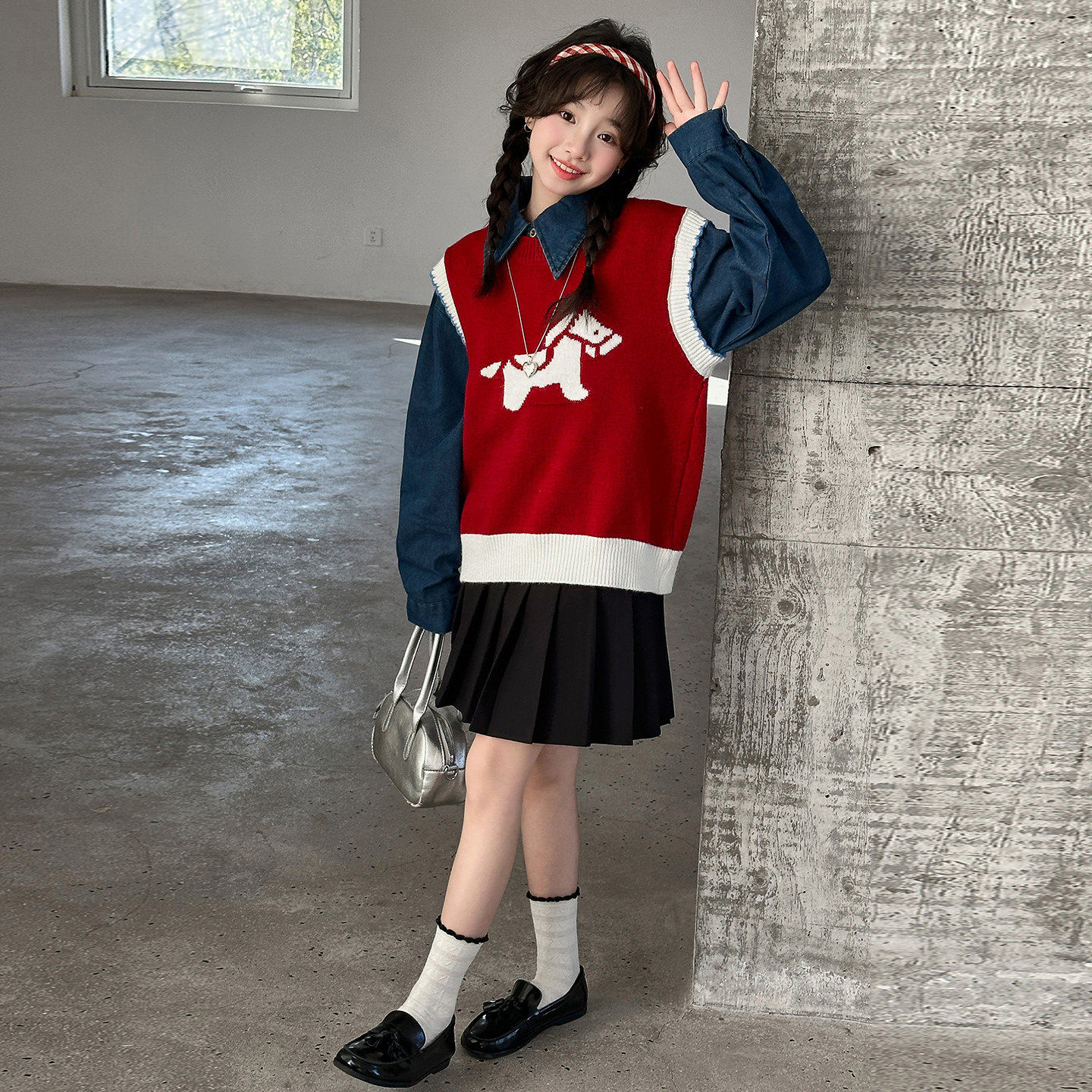 风2026春季马甲针织套装百褶裙红色提花件套女童儿童小马三件公主